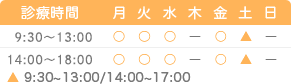 診療時間 月 火 水 木 金 土 日 9:30～13:00 ○ ○ ○ ― ○ ○ ― 15:00～20:00 ○ ○ ○ ― ○ ▲ ―